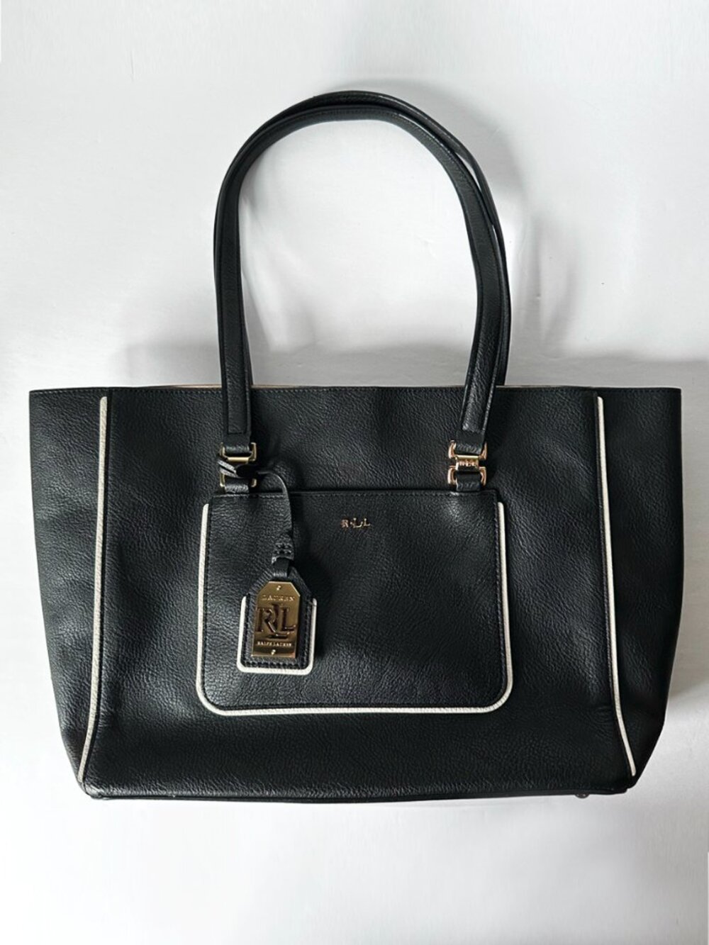 Lauren Ralph Lauren Dorset Shopper Black Tote Bag White Trim Gold Hardware